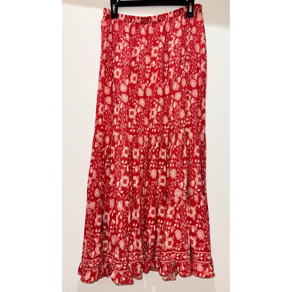 Max Studio Red Floral Tiered Maxi Skirt Boho Ruffle Hem Rayon Large 3703Q14